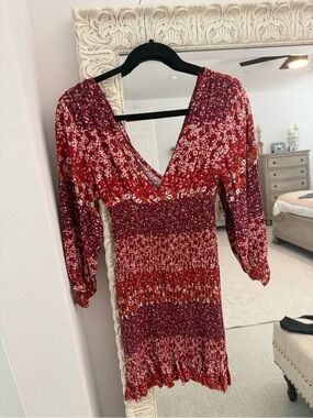 Skylar + Madison Red Floral V-Neck Smocked Mini Dress